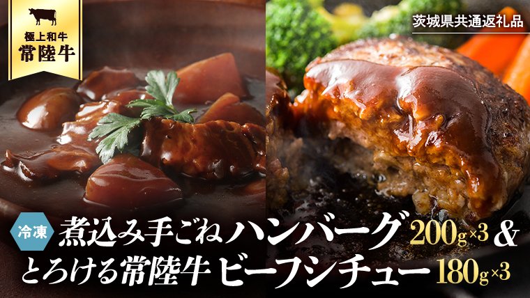 【茨城県共通返礼品】常陸100％　煮込み手ごねハンバーグ（200g×3パック）とろける常陸牛ビーフシチュー（180g×3パック） 八千代町産 白菜 使用 常陸牛 お肉 牛肉 和牛 セット 惣菜 [AU012ya]