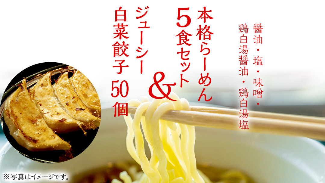 本格らーめん 5食 セット（ 醤油 ・ 塩 ・ 味噌 ・ 鶏白湯醤油 ・ 鶏白湯塩 ）＆ ジューシー 白菜餃子 50個 ラーメン 本格 餃子 白菜 冷凍 ふるさと納税 [BF002ya]