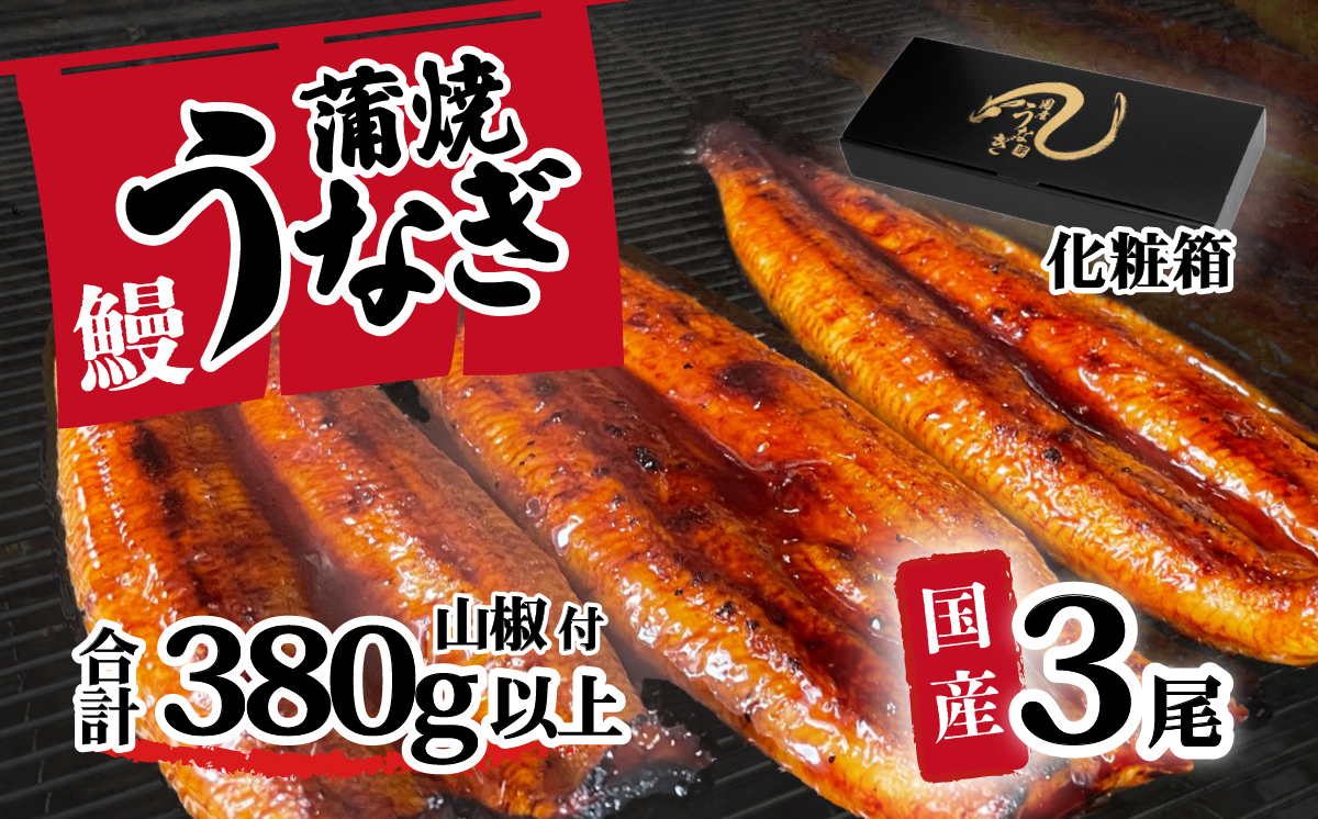 【化粧箱入り】【 訳アリ 】 国産うなぎ 蒲焼き 3尾 セット ( 380g ) 大きさ の不揃い 山椒付き ウナギ 鰻 ふぞろい 不揃い うな重 ひつまぶし 人気 茨城 八千代町 ふるさと納税 冷凍 ギフト 化粧箱 【ギフト】上うなぎ 3尾