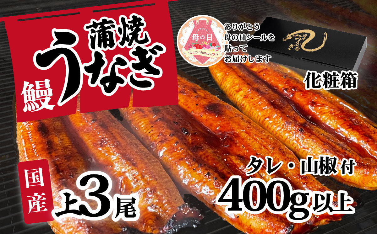 [ 母の日ギフト ][化粧箱入り][ 訳アリ ] 国産うなぎ 蒲焼き 3尾 セット ( 400g ) 大きさ の不揃い タレ・山椒付き ウナギ 鰻 ふぞろい 不揃い うな重 ひつまぶし 人気 茨城 八千代町 ふるさと納税 冷凍 母の日 ギフト 化粧箱