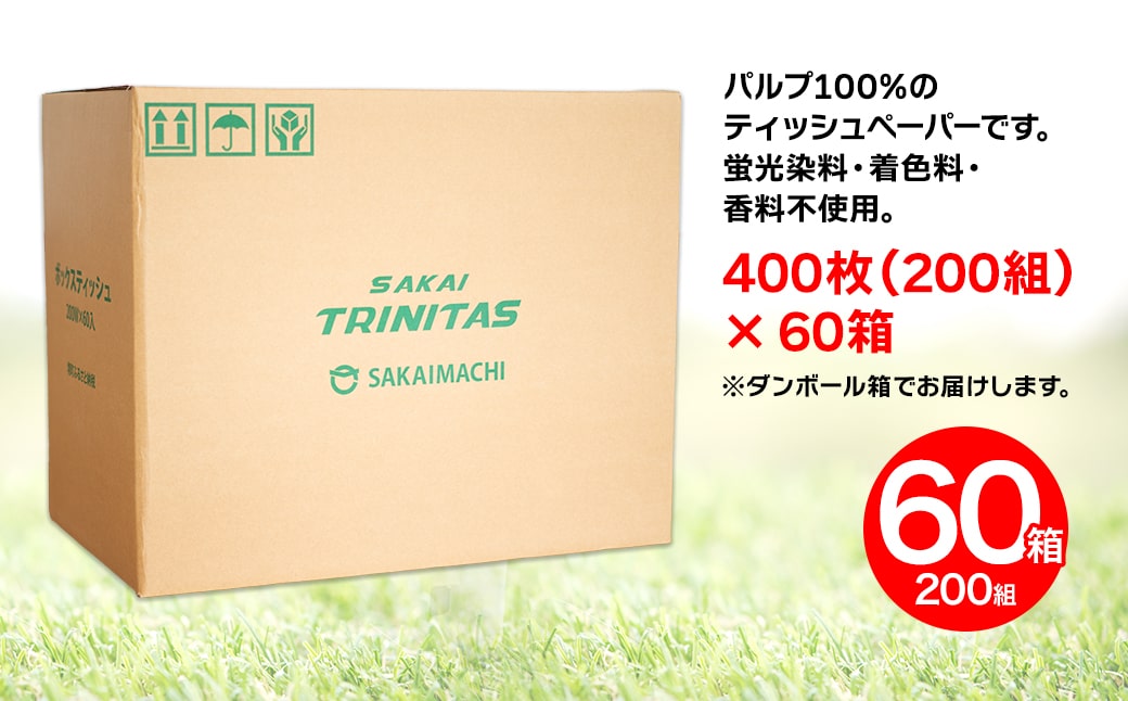 【5日以内発送】境トリニタス応援ボックスティッシュ 400枚(200組) × 60箱 日用品 防災 消耗品 必需品 花粉 風邪 ティッシュ ボックス ボックスティッシュ K2565