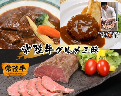 【定期便】3回連続お届け！常陸牛の贅沢コース（ハンバーグ・ローストビーフ・ビーフシチュー）