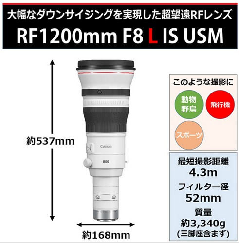 Canon 望遠レンズ RF1200mm F8 L IS USM ｜ キヤノン Canon カメラ レンズ  写真 撮影