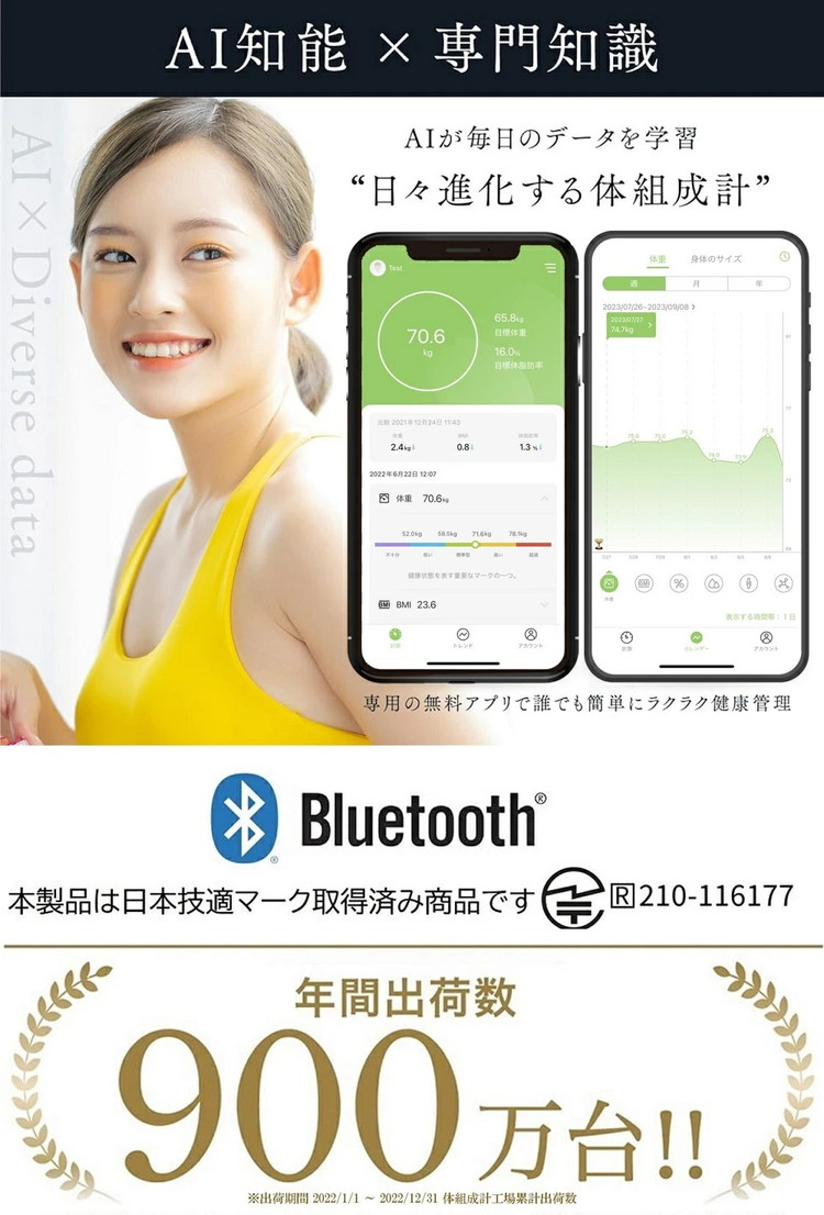 INFIELD「AI×体重計」【最大3年保証】 ｜ トレーナー監修 体組織計 体組成計 Bluetooth スマホ 連動 体脂肪計 高精度 多機能 体重 体脂肪率 水分率 基礎代謝 薄型 コンパクト 体脂肪 体重計 ヘルスメーター 軽量 黒 白