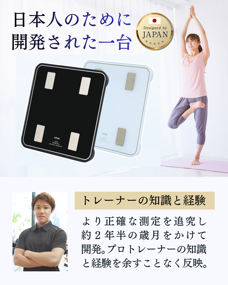 INFIELD「AI×体重計」【最大3年保証】 ｜ トレーナー監修 体組織計 体組成計 Bluetooth スマホ 連動 体脂肪計 高精度 多機能 体重 体脂肪率 水分率 基礎代謝 薄型 コンパクト 体脂肪 体重計 ヘルスメーター 軽量 黒 白