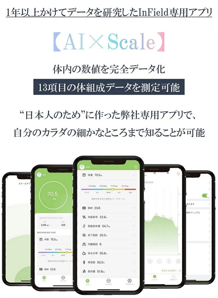 INFIELD「AI×体重計」【最大3年保証】 ｜ トレーナー監修 体組織計 体組成計 Bluetooth スマホ 連動 体脂肪計 高精度 多機能 体重 体脂肪率 水分率 基礎代謝 薄型 コンパクト 体脂肪 体重計 ヘルスメーター 軽量 黒 白