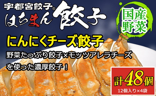 宇都宮餃子 はちまん餃子 にんにくチーズ餃子 48個（12個入り×4袋/1個 22g） ｜ 宇都宮餃子 国産野菜 グルメ 宇都宮市 ぎょうざ ギョーザ 野菜 冷凍食品 冷凍餃子 焼き餃子 水餃子