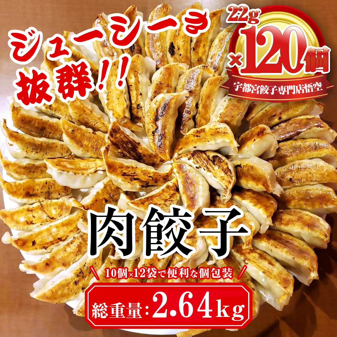 餃子専門店 宇都宮 悟空 肉餃子 22g×120個入｜餃子 冷凍 ぎょうざ ギョーザ 大容量 肉たっぷり 肉多め 人気 名物 行列 国産野菜 国産豚肉 ジューシー スタミナ パリパリ もちもち グルメ おかず おつまみ 栃木県 宇都宮市 簡単 小分け 冷凍食品※離島への配送不可