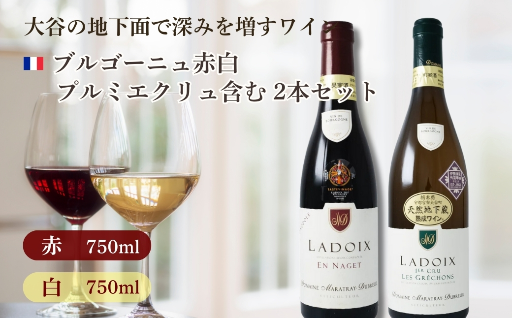大谷の天然地下蔵で深みを増すワイン ブルゴーニュ赤白 プルミエクリュ含む 2本セット ｜ 赤ワイン 白ワイン 飲み比べ ギフト 栃木県 宇都宮市 ※離島への配送不可