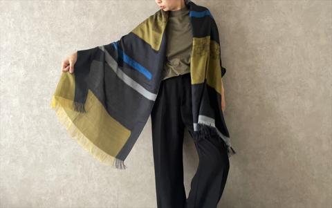 ◎海外要人向け贈呈品選出 STYLE＊MEISEN 四角重ね柄ストール（BLACK） F7Z-310