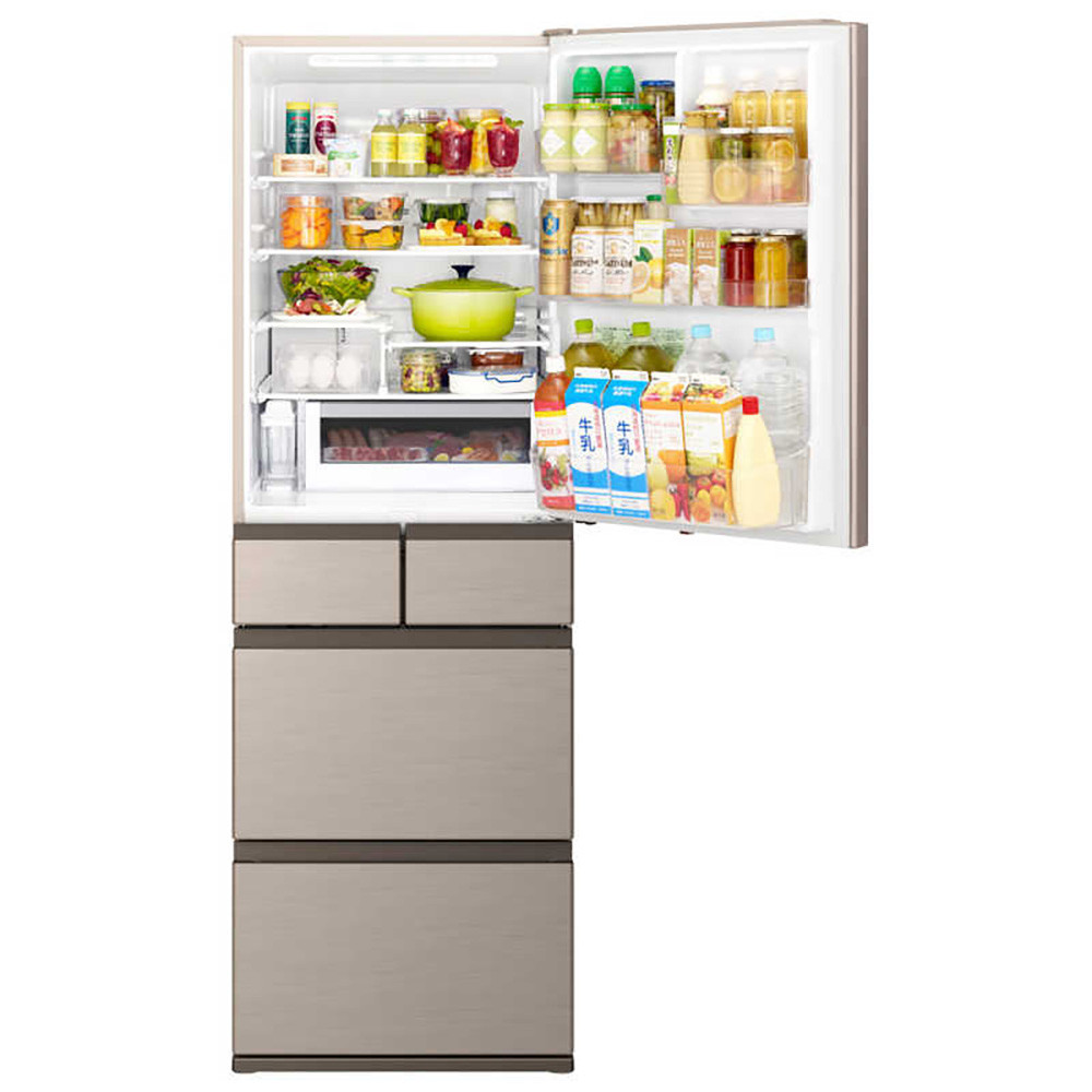 日立 冷蔵庫【標準設置費込み】5ドア 470L 右開き HWSタイプ 真ん中冷凍室 まるごとチルド 幅60cm ライトゴールド R-HWS47X-N