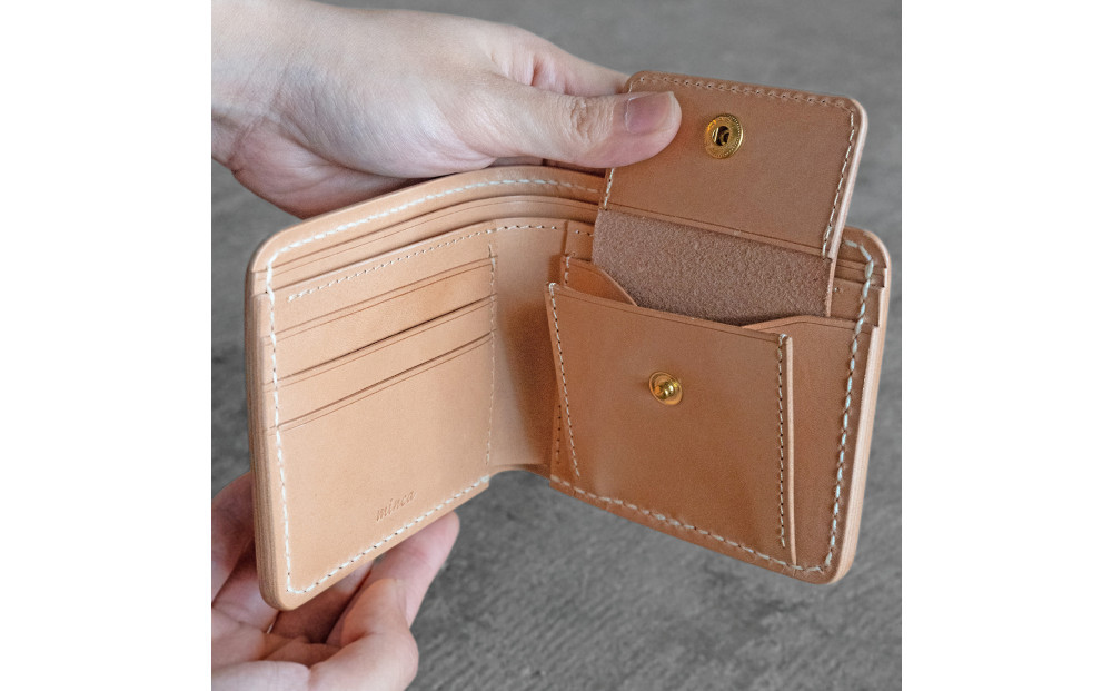 栃木レザー使用｜やわらか本革二つ折り財布｜Half wallet 02C｜オリーブ｜minca（全7色）