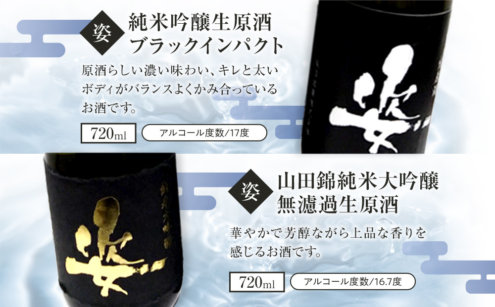 【姿】山田錦 純米大吟醸 無濾過 生原酒・純米吟醸生原酒Black Impact セット｜ お酒 さけ 日本酒 地酒 純米 大吟醸 無濾過 原酒 人気 ギフト 栃木