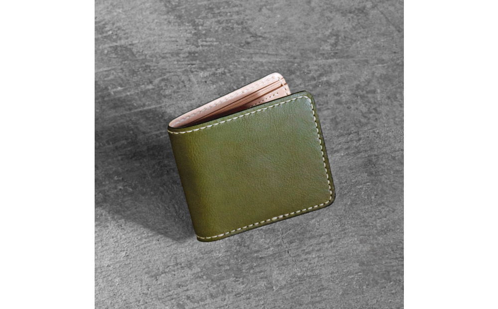 栃木レザー使用｜やわらか本革二つ折り財布｜Half wallet 02｜オリーブ｜minca（全7色）