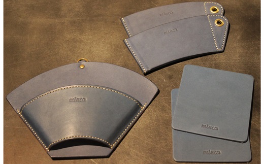 【minca】栃木レザーのカフェグッズ3アイテム5点セット 自宅、オフィス、キャンプシーンでのカフェタイムに/ブルー　678【日用品 人気 おすすめ 】