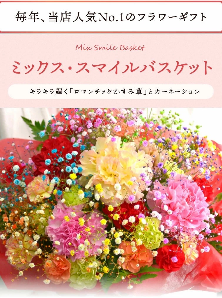 ミックススマイルバスケット ｜ フラワーアレンジメント 生花 花 ギフト ロマンチックかすみ草 七色 輝く カスミソウ カスミ草 かすみそう お祝い プレゼント アレンジ花 カラフル おしゃれ