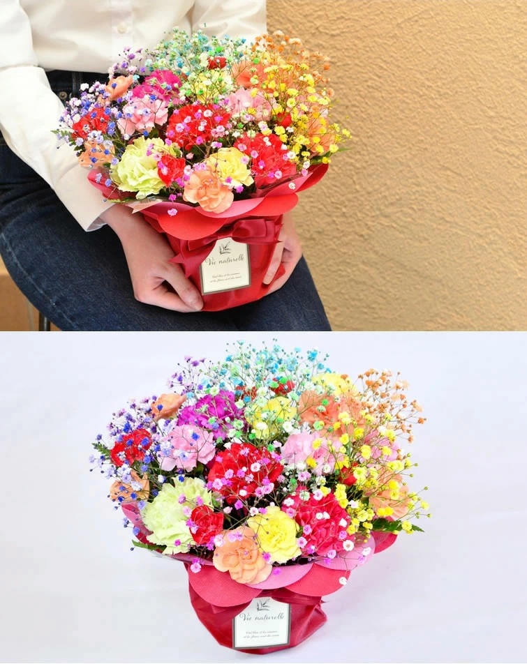 ミックススマイルバスケット ｜ フラワーアレンジメント 生花 花 ギフト ロマンチックかすみ草 七色 輝く カスミソウ カスミ草 かすみそう お祝い プレゼント アレンジ花 カラフル おしゃれ