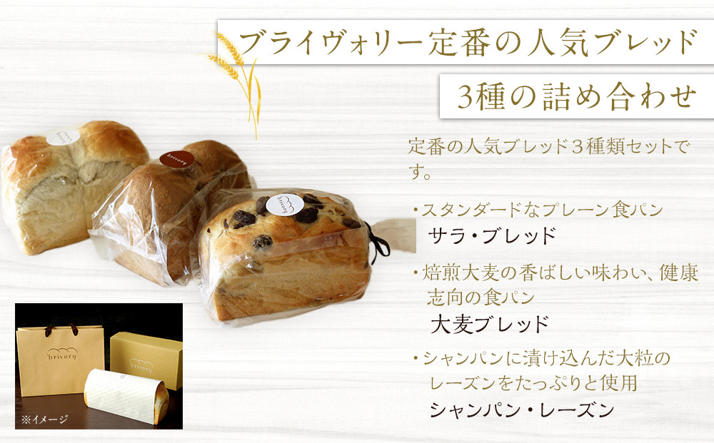 高級食パン専門店 ブライヴォリー 定番の人気ブレッド3種類を詰め合わせた『人気のブレッドセット』｜brivory ブライヴォリー 食パン パン ブレッド トースト 朝食 こだわり 高級 国産素材 天然酵母 健康 ご褒美 日光市