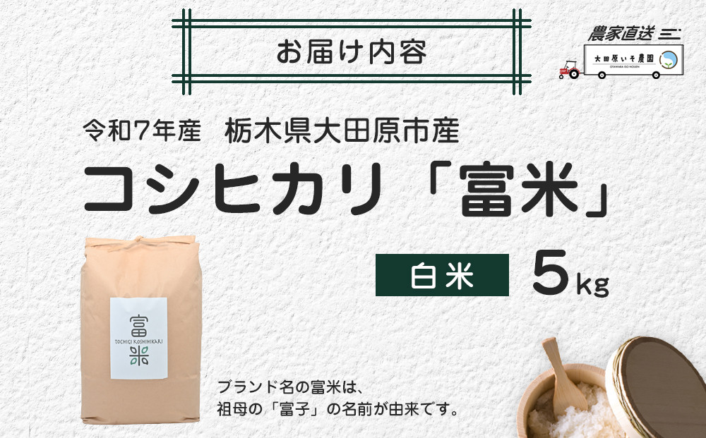 ≪2025年10月中旬以降発送≫ 令和7年産 栃木県大田原市産コシヒカリ「富米」 白米 5キロ ｜米 お米  コメ こしひかり 5kg
