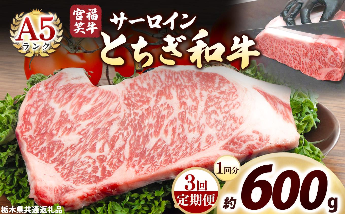[定期便3回]宮福笑牛(とちぎ和牛) A5 サーロインステーキ 200g×3枚｜数量限定 黒毛 和牛 牛肉 国産牛 国産 ブランド牛 お肉 切り落とし サシ 霜降り 甘い ステーキ すき焼き しゃぶしゃぶ 焼肉 切落し 上品 アレンジ 美味しい 料理 主婦 とちぎ  栃木県 矢板市 600g | 定期便3回