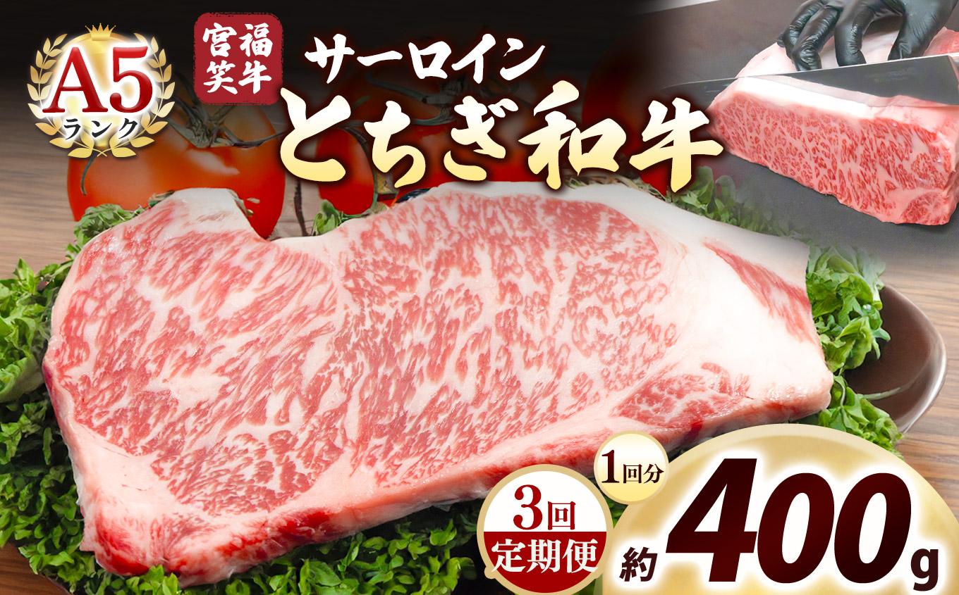 [定期便3回]宮福笑牛(とちぎ和牛) A5 サーロインステーキ 200g×2枚｜数量限定 黒毛 和牛 牛肉 国産牛 国産 ブランド牛 お肉 切り落とし サシ 霜降り 甘い ステーキ すき焼き しゃぶしゃぶ 焼肉 切落し 上品 アレンジ 美味しい 料理 主婦 とちぎ  栃木県 矢板市 400g | 定期便3回