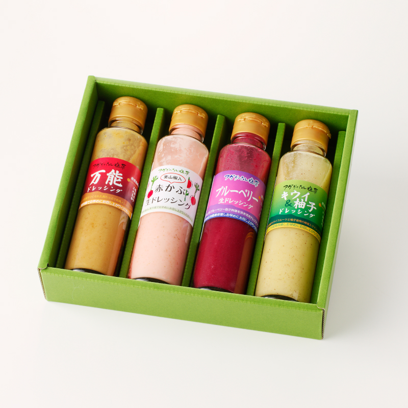 【夢工房もみじ村】保存料・着色料・香料無添加手作りドレッシング４本セット（万能、赤かぶ、キウイ＆柚子、りんご＆ゆず 又は ブルーベリー） ns029-003