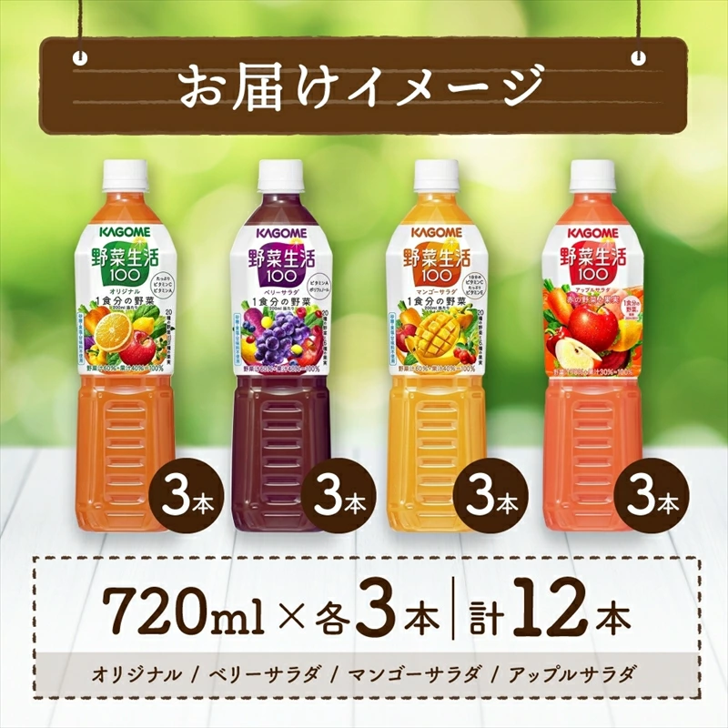 カゴメ 野菜生活100 飲み比べセット スマートPET 720ml  4種 各3本 計12本 オリジナル ベリーサラダ マンゴーサラダ アップルサラダ 野菜 果実 ミックスジュース ns038-016