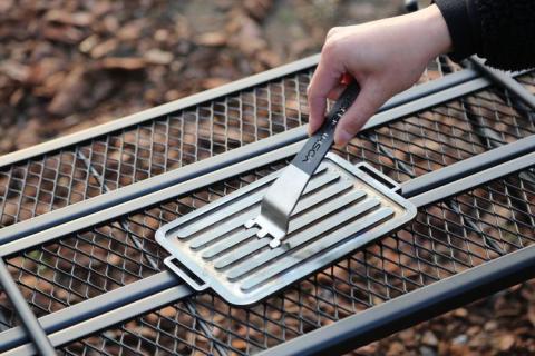 グランピングストーブ（mini）+薪入れ五徳（M）＋極厚グリルプレート（M）＋ステンレスヘラ（M）セット　アウトドア キャンプ 焚き火 たき火 たきび 焚火 ※着日指定不可