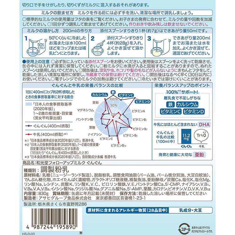 「和光堂フォローアップミルク ぐんぐん」 満9か月頃から3歳頃まで ベビーミルク 鉄・カルシウム・DHA配合 830g×4缶 ｜ 離乳食 赤ちゃん 栄養サポート