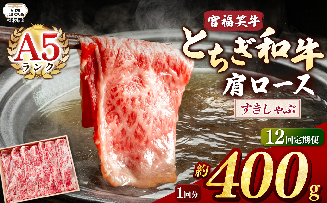 【栃木県共通返礼品】【定期便12回】宮福笑牛(とちぎ和牛) A5 肩ロースすきしゃぶ 約400g  | 黒毛 和牛 牛肉 焼肉 とろける 霜降り 赤身 切り落とし ふるさと 納税 イチオシ おすすめ 栃木県 下野市 しもつけ市