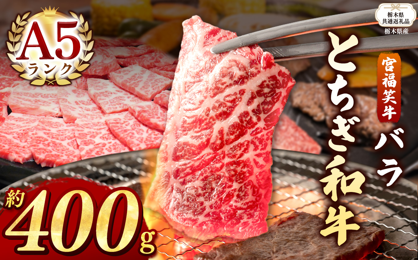 【栃木県共通返礼品】宮福笑牛(とちぎ和牛) A5 バラ焼き肉 約400g  | 黒毛 和牛 牛肉 焼肉 とろける 霜降り 赤身 切り落とし ふるさと 納税 イチオシ おすすめ 栃木県 下野市 しもつけ市