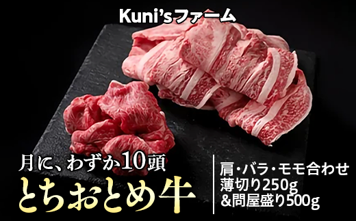 とちおとめ牛　肩・バラ・モモ合わせ薄切り250g＆問屋盛り500gセット｜牛肉 希少 炒め物 詰め合わせ