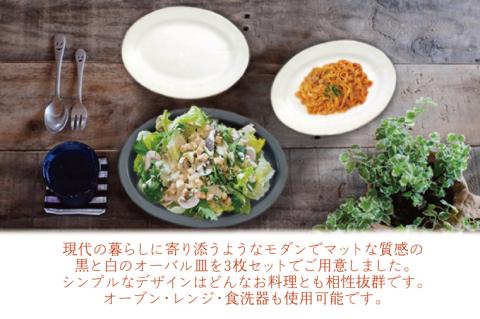 【益子焼】黒と白のオーバル皿セット｜モダン マット 3枚セット シンプル オーブン可 レンジ可 食洗器可（AH002）
