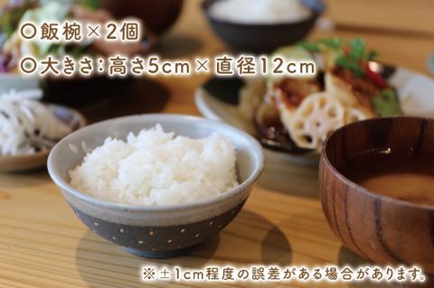 AS002-3　益子焼　ドット柄飯椀ペア(黒地白釉×黒地白釉)