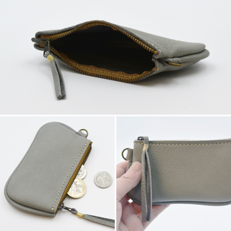 益子の革工房maharoのファスナーコインケース・カードケースセット　ライトグレー｜栃木県 益子町 ふるさと納税 コインケース カードケース 2個セット 牛革 手作り（AX133-4）