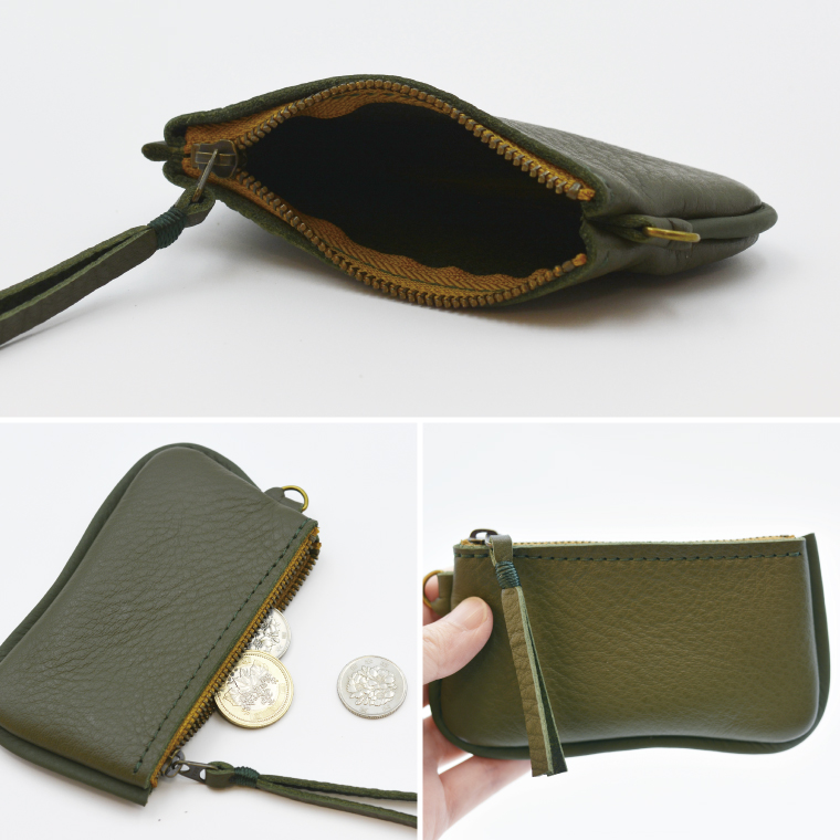 益子の革工房maharoのファスナーコインケース・カードケースセット　オリーブグリーン｜栃木県 益子町 ふるさと納税 コインケース カードケース 2個セット 牛革 手作り（AX133-6）