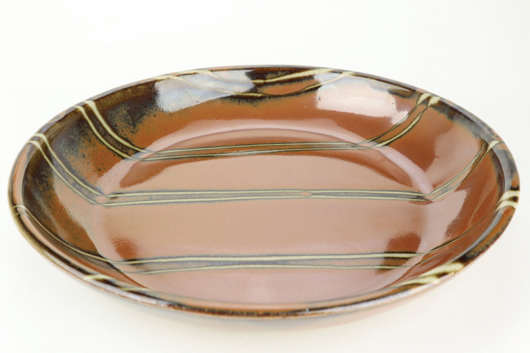 AT011　益子焼　萩原芳典　柿釉線紋平鉢