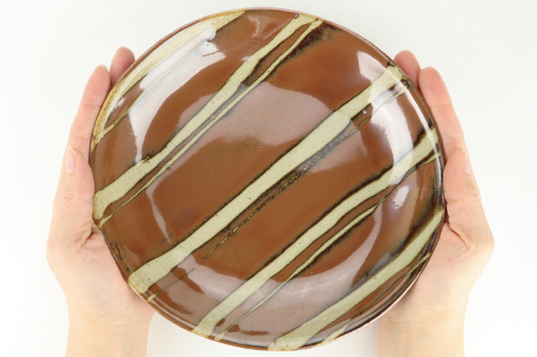 AT009　益子焼　萩原芳典　柿釉線紋楕円皿セット