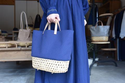 BB002-3-1　竹と牛革のカゴバッグ　ピンクベージュ