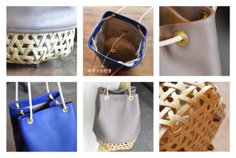 BB003-2-1　竹と牛革の巾着カゴバッグ　ピンクベージュ