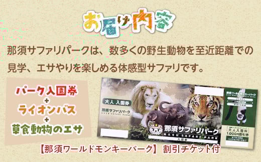 那須サファリパークペア入園券セット（入園＋ライオンバス＋エサやり）2名 モンキーパーク割引チケット付き！動物 動物園チケット どうぶつえん チケット 券 入場券 入園券 エサやり ライオンバス付き 観光 ファミリー 家族 栃木県 那須町〔P-158〕