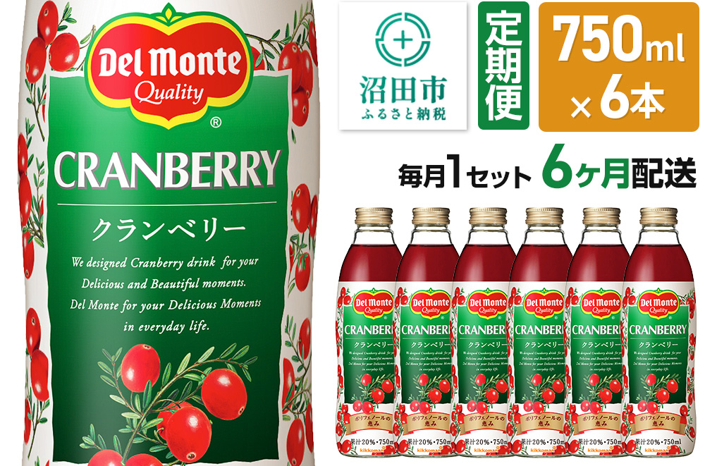 《定期便6ヶ月》デルモンテ クランベリー 750ml 瓶 6本セット
