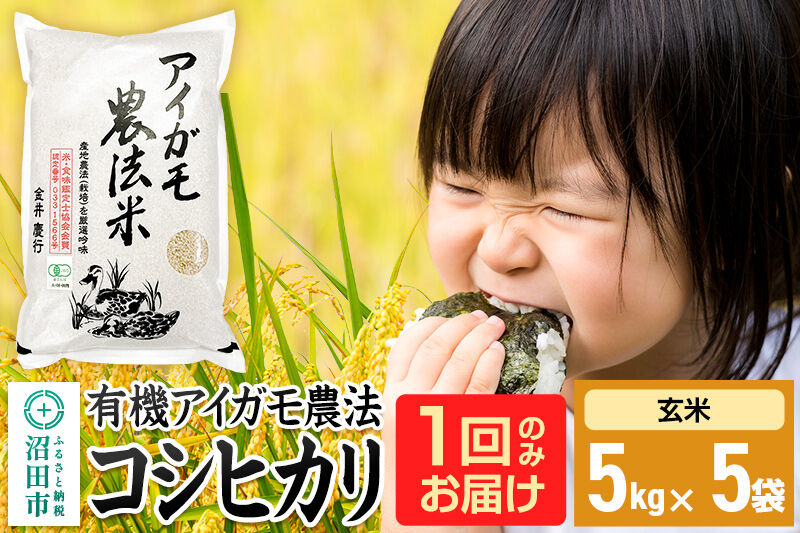 【玄米】令和7年産 有機アイガモ農法コシヒカリ 25kg（5kg×5袋）金井農園 [こしひかり コシヒカリ 玄米 お米 1回だけ 1回のみ]