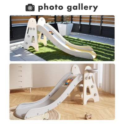 ぽんちゃん キッズ用すべり台(クリームイエロー) 160cm 折りたたみ可能 バスケットゴール付き