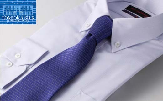 国産富岡シルク ネクタイ (レンガモチーフ)＜リヨンブルー＞ 富岡 シルク 絹 ネクタイ 青 リヨンブルー レンガ 国産 ファッション 贈り物 ギフト F21E-356