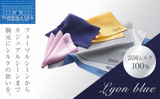 ＜純国産高級シルク100%＞ 富岡シルク ポケットチーフ プレーン (リヨンブルー) 青 ブルー 無地 シルク 絹 ファッション 贈り物 ギフト 国産 F21E-336