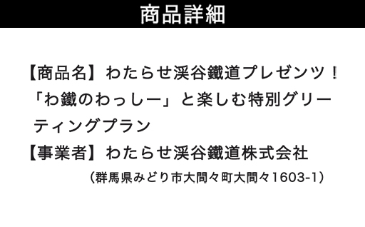 【a224】わたらせ渓谷鐵道プレゼンツ！「わ鐵のわっしー」と楽しむ特別グリーティングプラン
