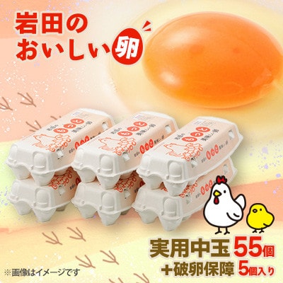 岩田のおいしい卵　実用中玉55個+破卵保障5個 (10個入り×6パック)【配送不可地域：離島】