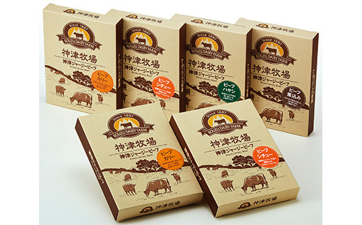 【神津牧場】ジャージー牛肉のレトルト(カリー・ハヤシ・シチュー・ビーフ煮込み)計6個セット F21K-506