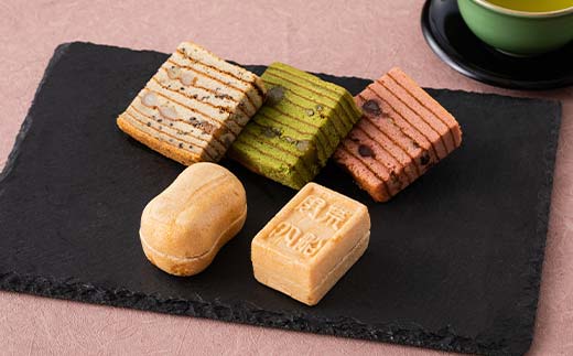 創業以来受継がれた自然素材にこだわった「本宿どうなつ」を詰め合わせた古月堂看板商品Dセット（富岡赤レンガカステラ1本、本宿どうなつ8個、欅の木（和風バーム6個入）1箱、風穴最中（5個入）1箱） F21K-531